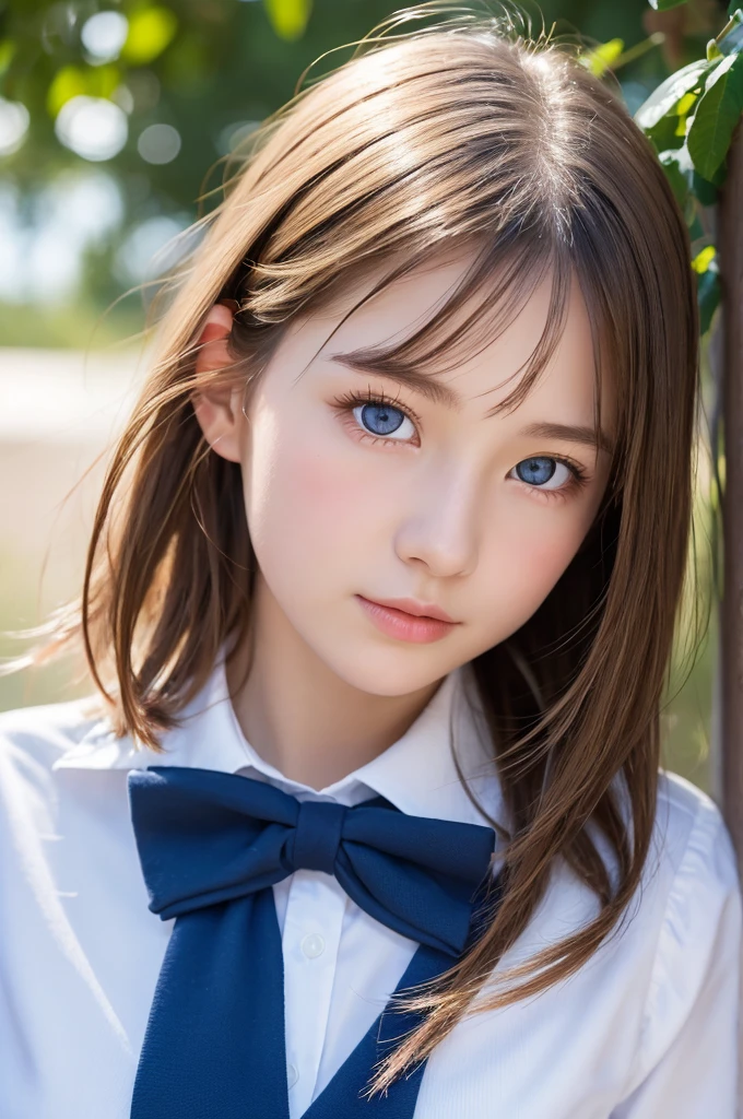 bright look、photorealism、highest quality、Super high resolution、The most beautiful Nordic girls photos、cute and beautiful face details、small face、school uniform、big breasts、Slender、17 years old、Crystal clear white skin、big light blue eyes、short bob、cowboy shot