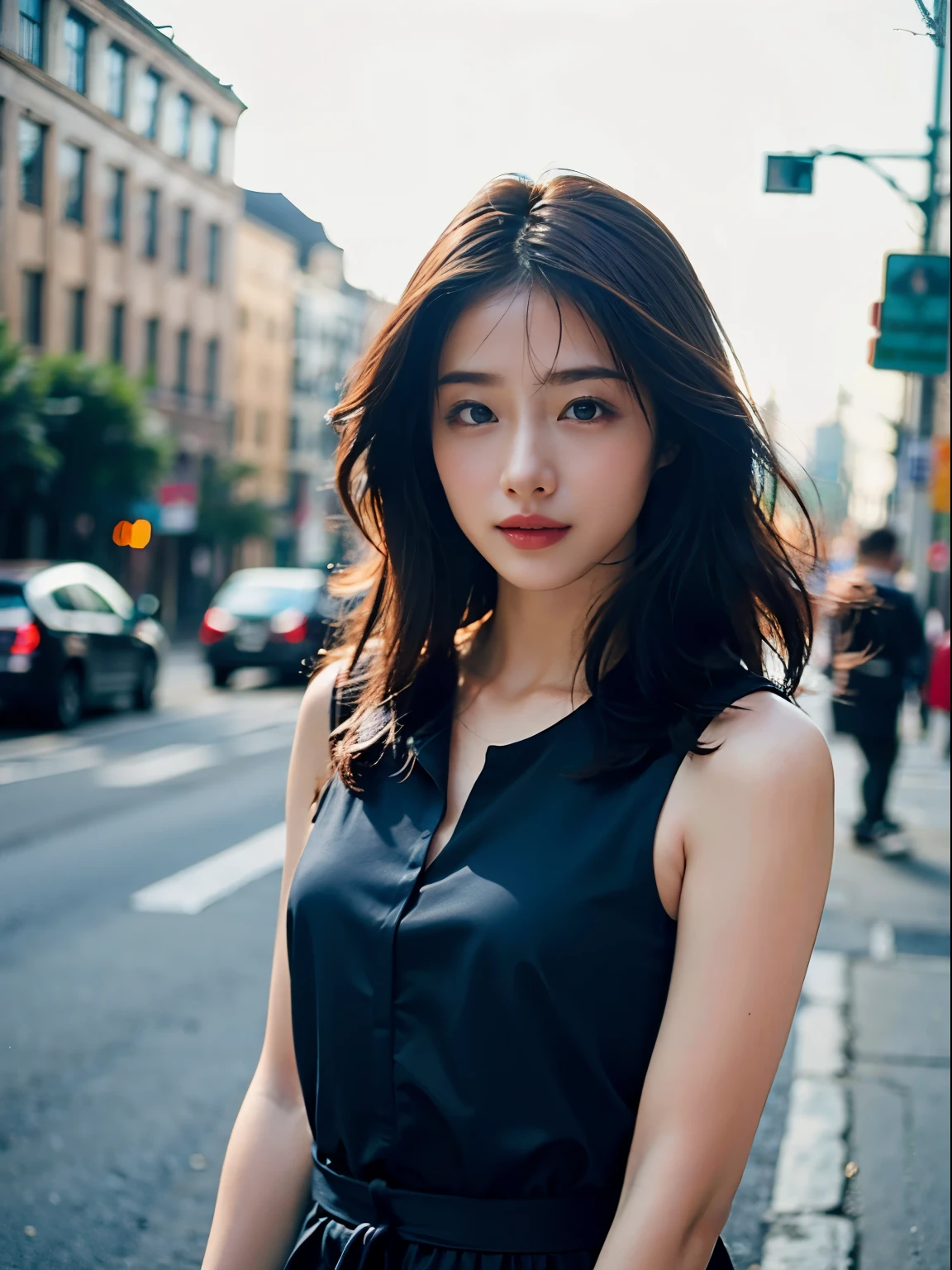 Woman posing seductive on street corner, top quality, high resolution, 8k, girl alone, outdoor, (street: 0.8), (people, crowd: 1), sleeveless dress, black dress: 1.5), gorgeous, (medium hair), (dynamic pose: 0.8), (upper body: 1.2), soft lighting, wind, glossy skin, gaze, normal chest,