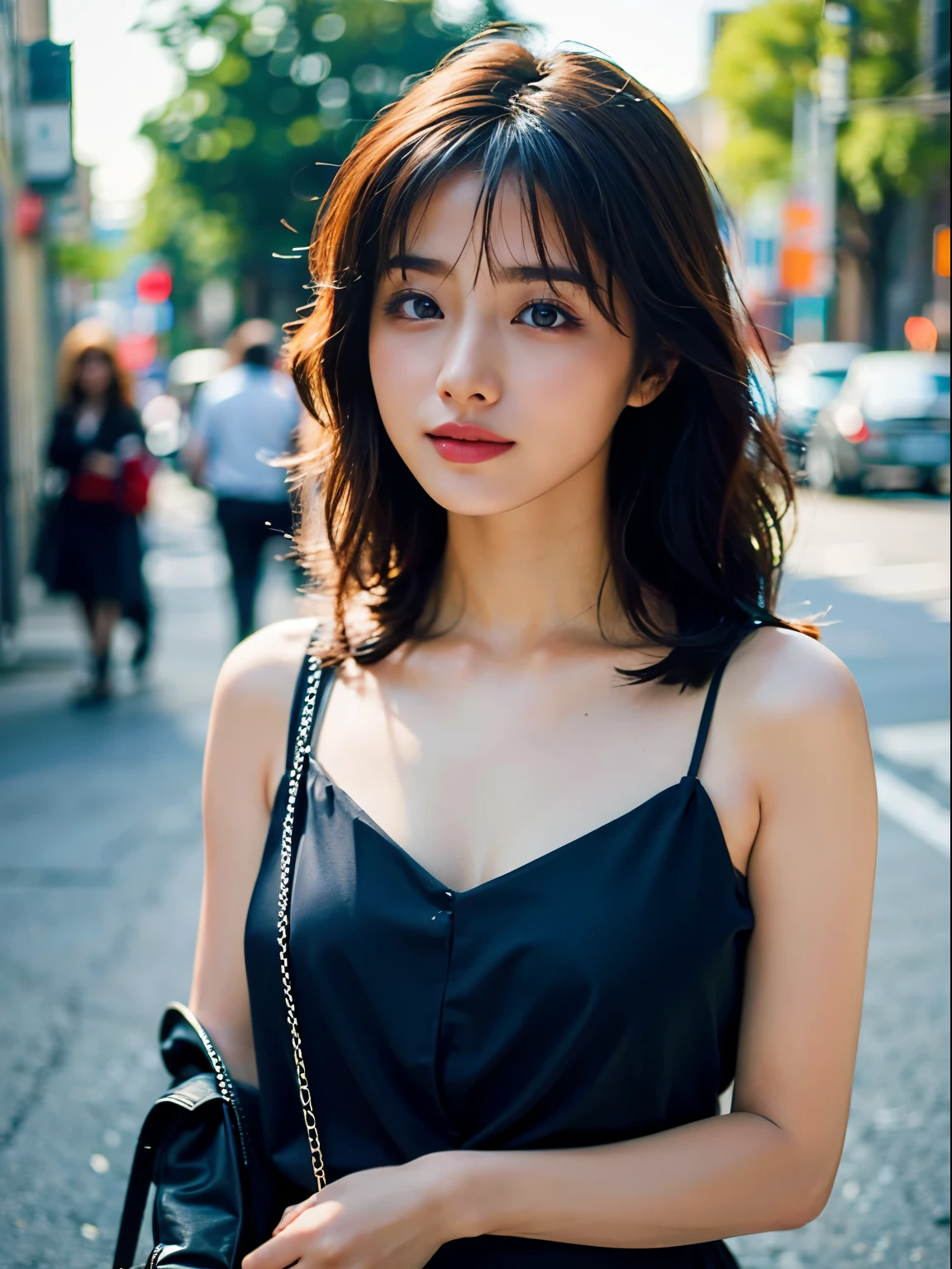 Woman posing seductive on street corner, top quality, high resolution, 8k, girl alone, outdoor, (street: 0.8), (people, crowd: 1), sleeveless dress, black dress: 1.5), gorgeous, (medium hair), (dynamic pose: 0.8), (upper body: 1.2), soft lighting, wind, glossy skin, gaze, normal chest,