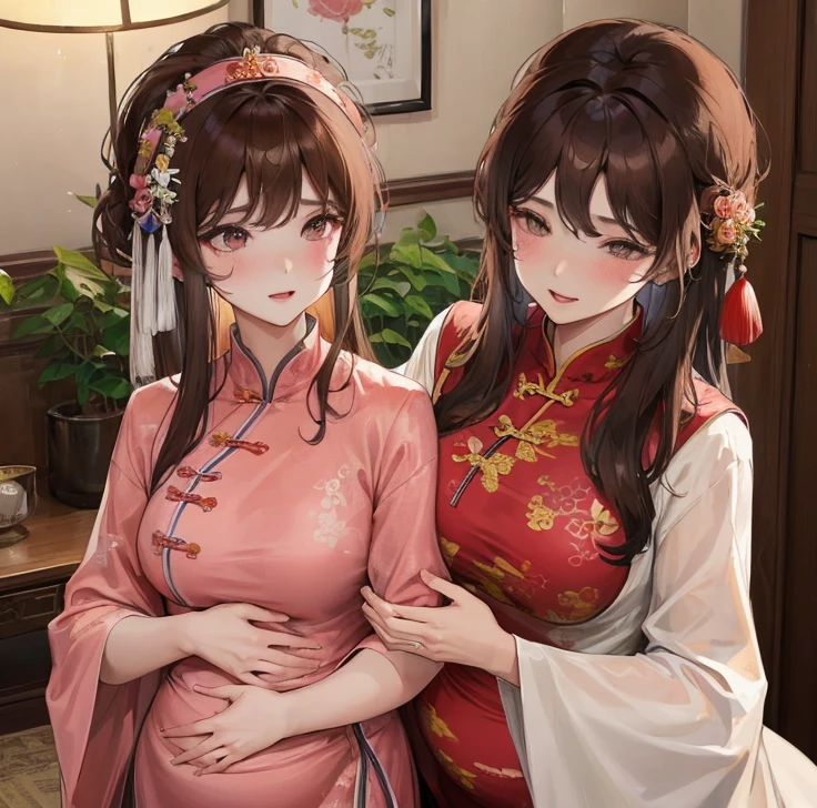masterpiece, best quality, married woman， aldult, Chinese style, China, elder sister,  Smile, hairpin，brown hair, Princess，Full of motherhood，China传统服饰，purely，blush，Dignified yet lively，Mother，Hands on the stomach，Mature，Pregnant，Beautifully，pregnancy，wife