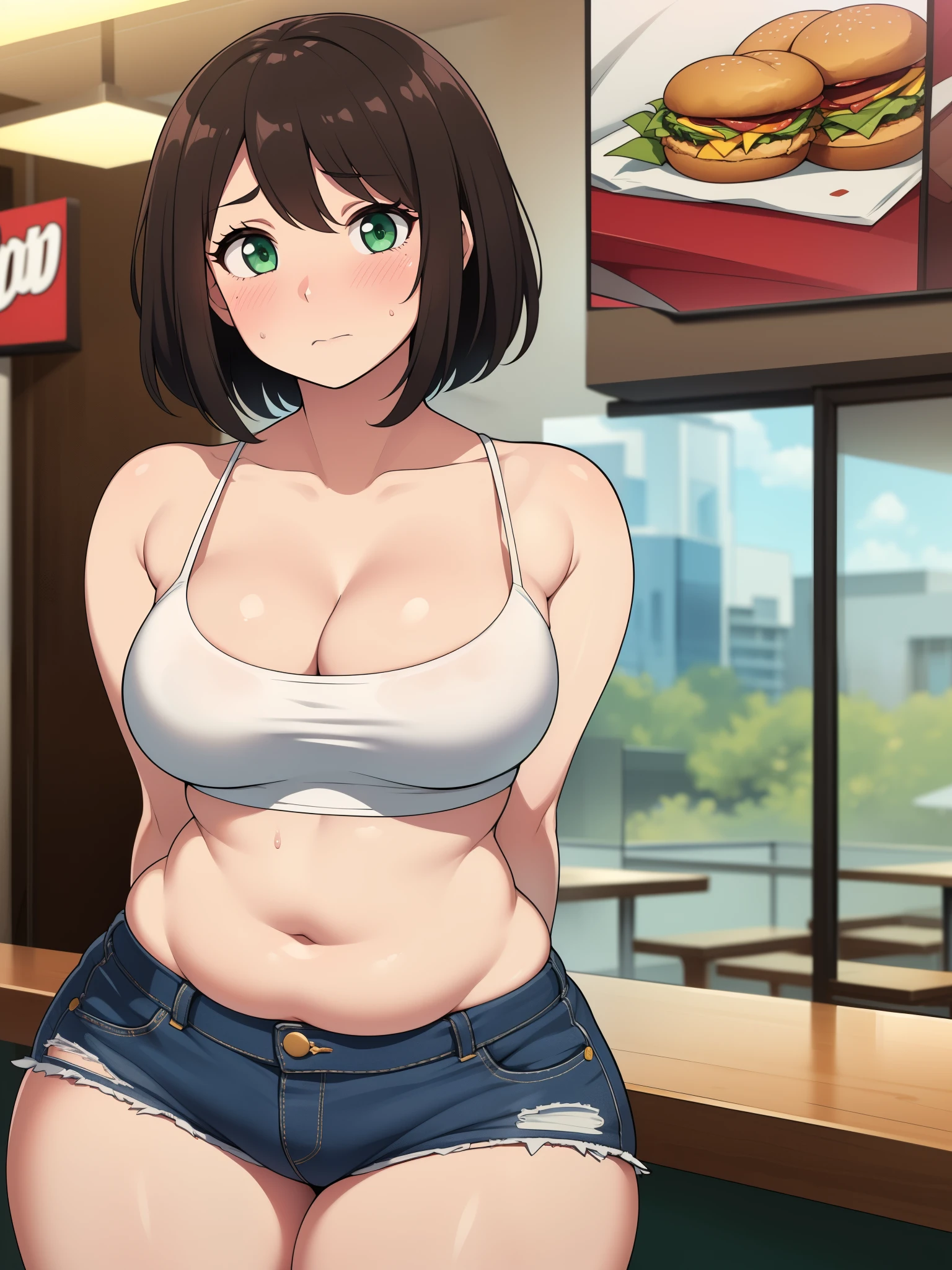 ((highres)), Masterpiece, high quality, best quality, beautiful, perfect lighting, detailed face, ultra cute face, ((1girl)), ((solo), short brown hair, messy hair, green eyes, ((blush)), nervous, shy, in love with viewer, arms behind back, looking at viewer, fast food restaurant, daytime, crop top, short shorts, (tight clothes), (wide hips), ((thick thighs)), (chubby), medium breasts, cleavage, perky breasts, 24 year old female,