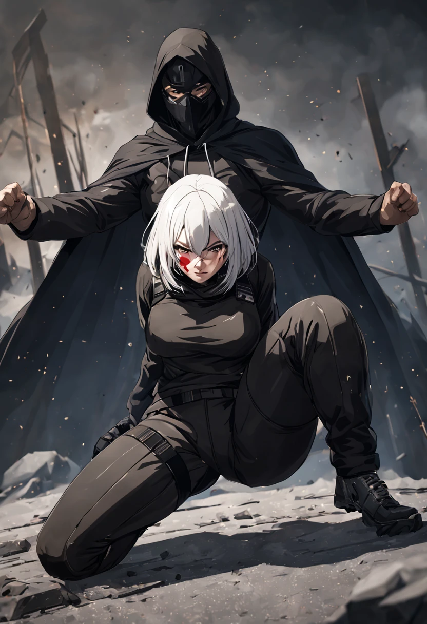 Fighting girl, epic, with particles, HD, 8k, white hair, with black cape, line marks on the face, serious face, closed mouth, casual pose, hands in Bruce Lee position, tactical pants, black hood, black lines under eyes, black polar diver, eyes with marked rings, detailed face, blood on the lips, full body,