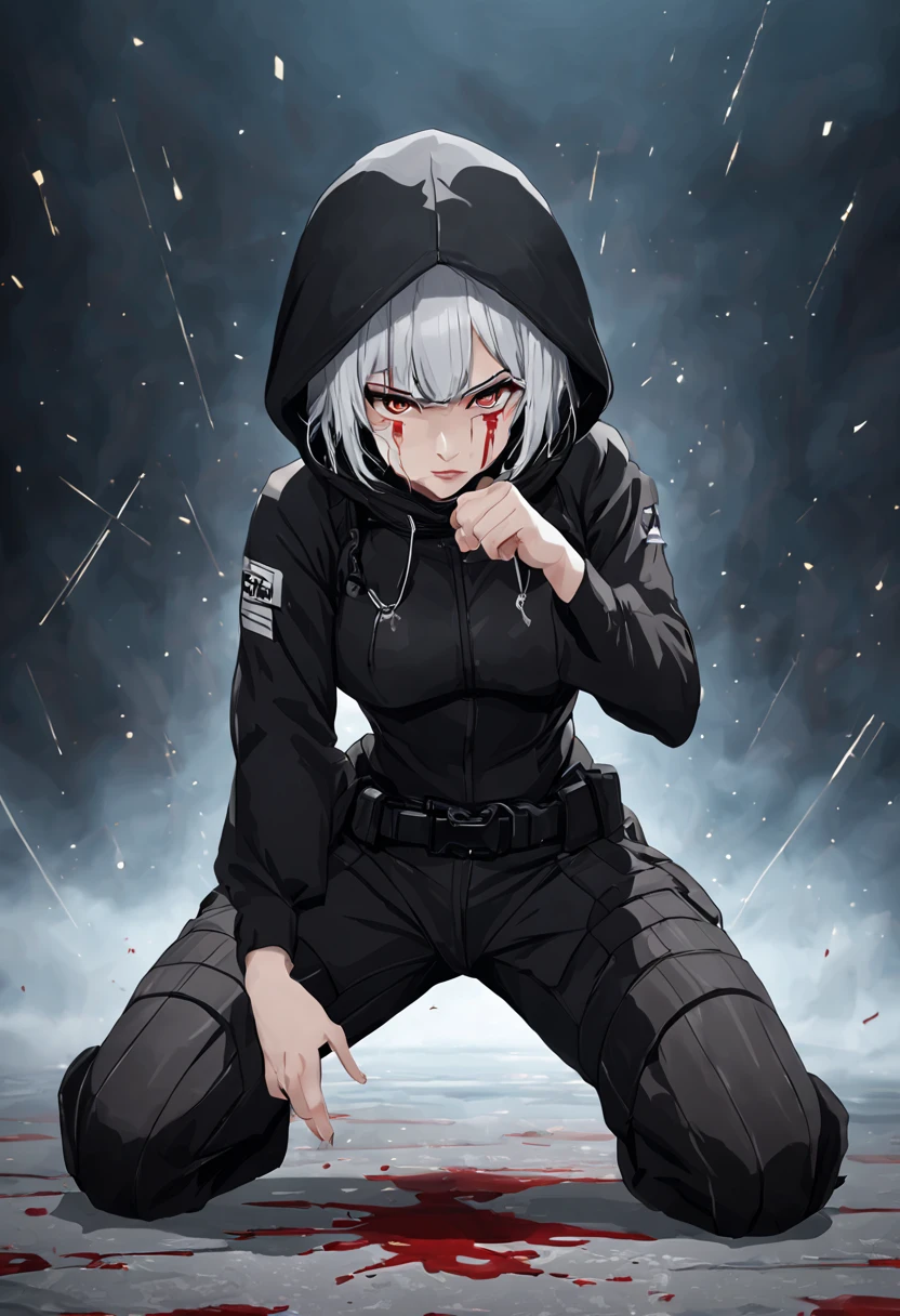 Fighting girl, epic, with particles, HD, 8k, white hair, with black cape, line marks on the face, serious face, closed mouth, casual pose, hands in Bruce Lee position, tactical pants, black hood, black lines under eyes, black polar diver, eyes with marked rings, detailed face, blood on the lips, full body,