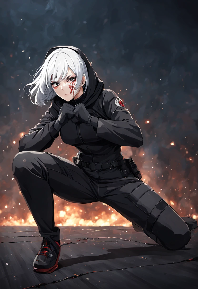 Fighting girl, epic, with particles, HD, 8k, white hair, with black cape, line marks on the face, serious face, closed mouth, casual pose, hands in Bruce Lee position, tactical pants, black hood, black lines under eyes, black polar diver, eyes with marked rings, detailed face, blood on the lips, full body,