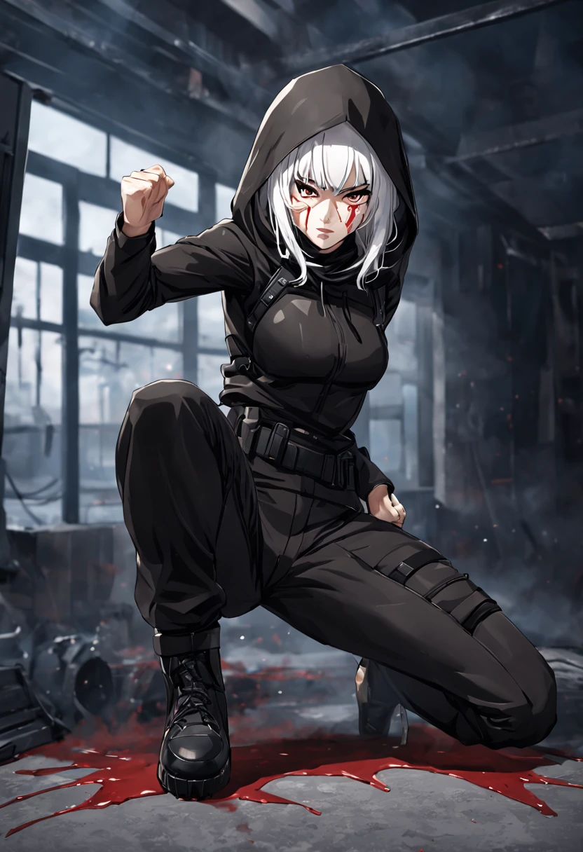 Fighting girl, epic, with particles, HD, 8k, white hair, with black cape, line marks on the face, serious face, closed mouth, casual pose, hands in Bruce Lee position, tactical pants, black hood, black lines under eyes, black polar diver, eyes with marked rings, detailed face, blood on the lips, full body,