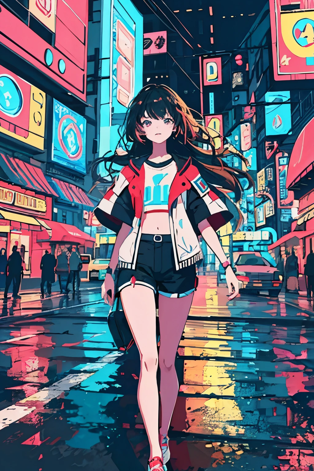 highest quality, 4k wallpaper, masterpiece, Highly detailed CG Unity 8K wallpaper, very fine eyes, super detailed, intricate details, 1 girl, retro art style, neon_Pop Art Style,  public, outdoor, road signs, city,