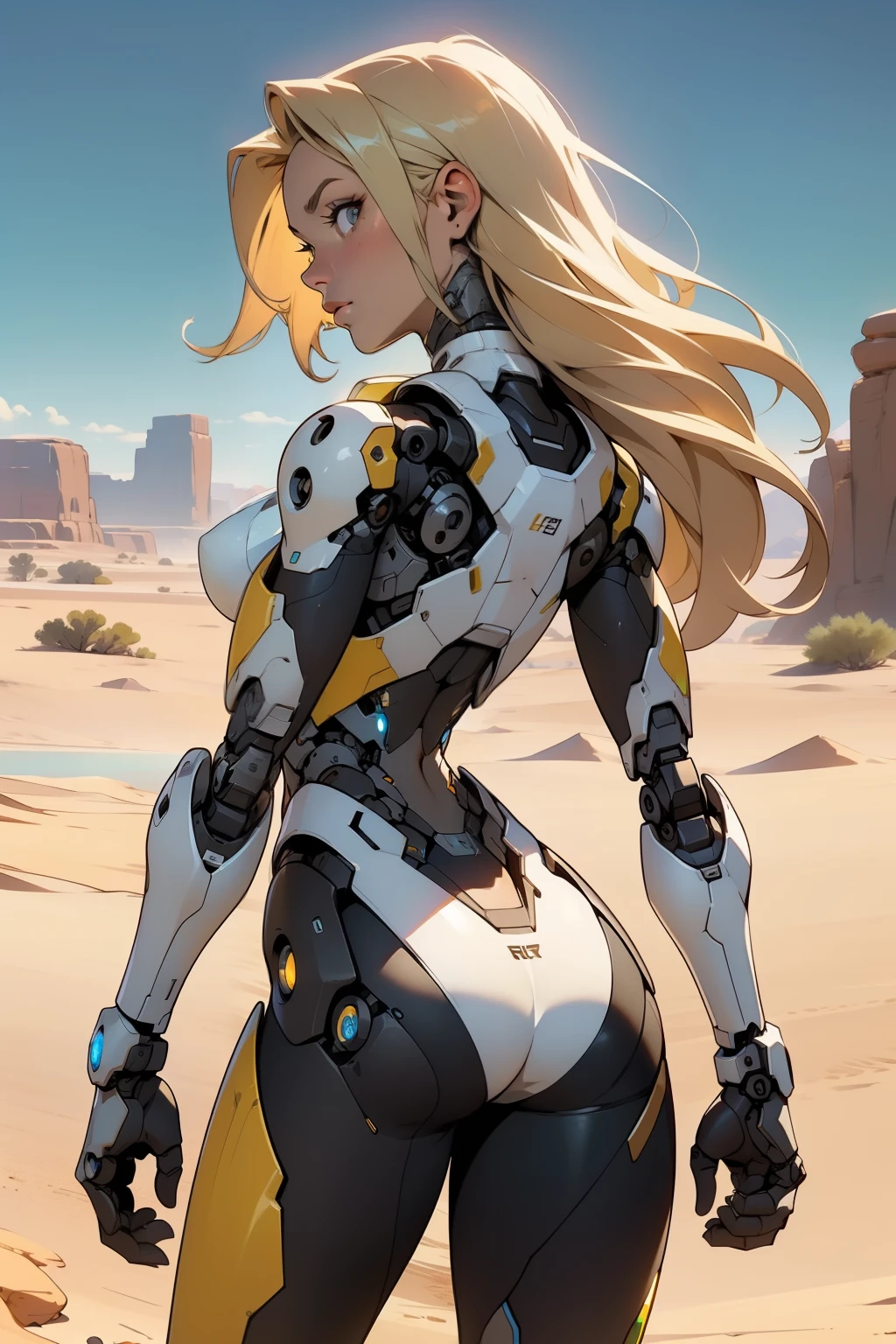 high quality, 4k, masterpiece, beautiful, cyborg girl, cowboy shot, dull eyes, back side, turning around to look at viewer, long blonde hair, girl, small breasts, fit thigh, robotic arms, robotic body, cyborg body, yellow accent, redaccent, intricate detail, joint, detailed lines, robotic detail, holding fist up, holding hand up as fist, color robotic parts, robotic parts with color, perfect fingers, on a desert planet, sunny background, colorful desert, a river in the background