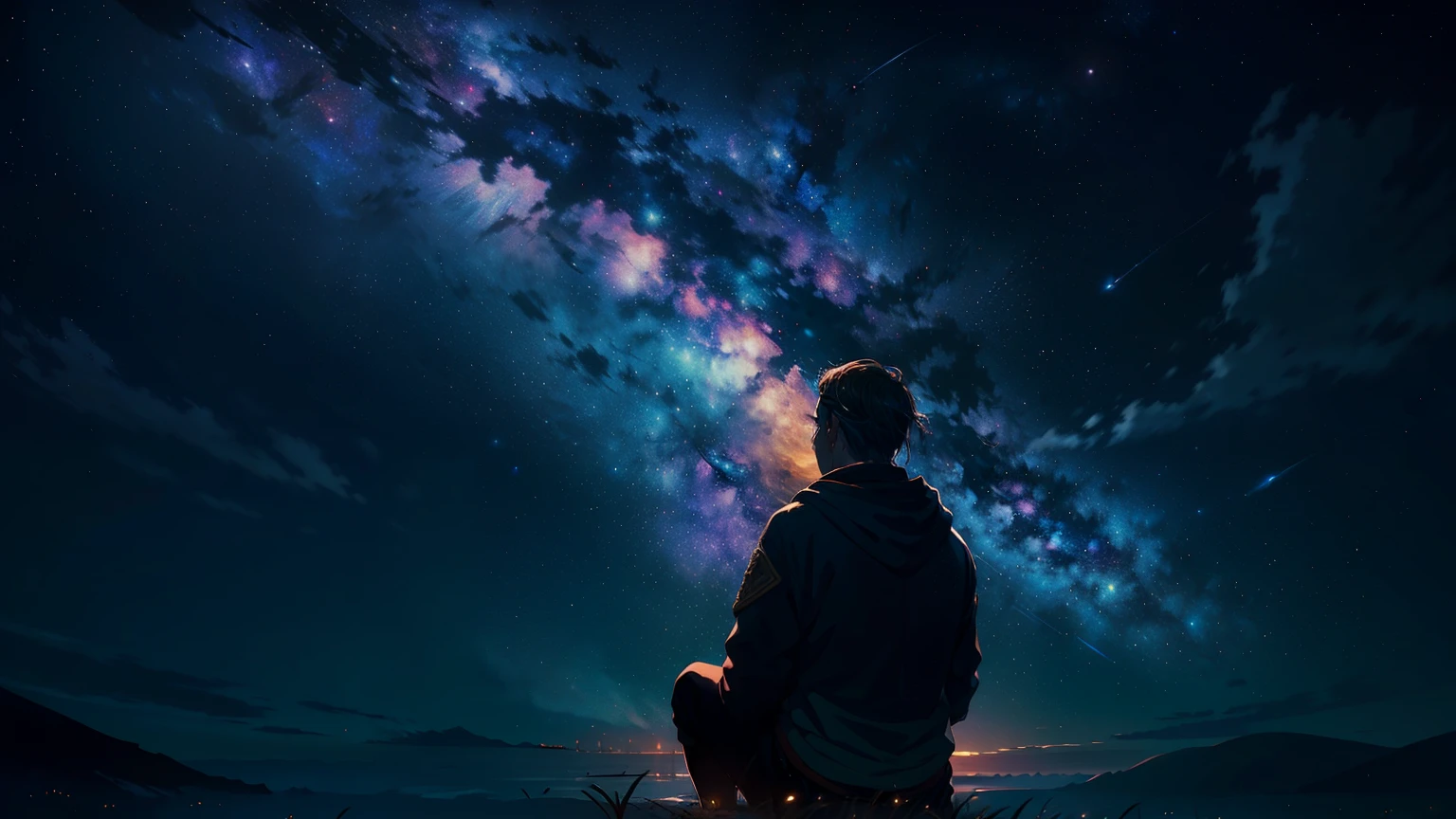 A scene that captures Ragnar's deep contemplation and thoughts under a starry sky., Symbolizes the search for wisdom and the vastness of the universe.