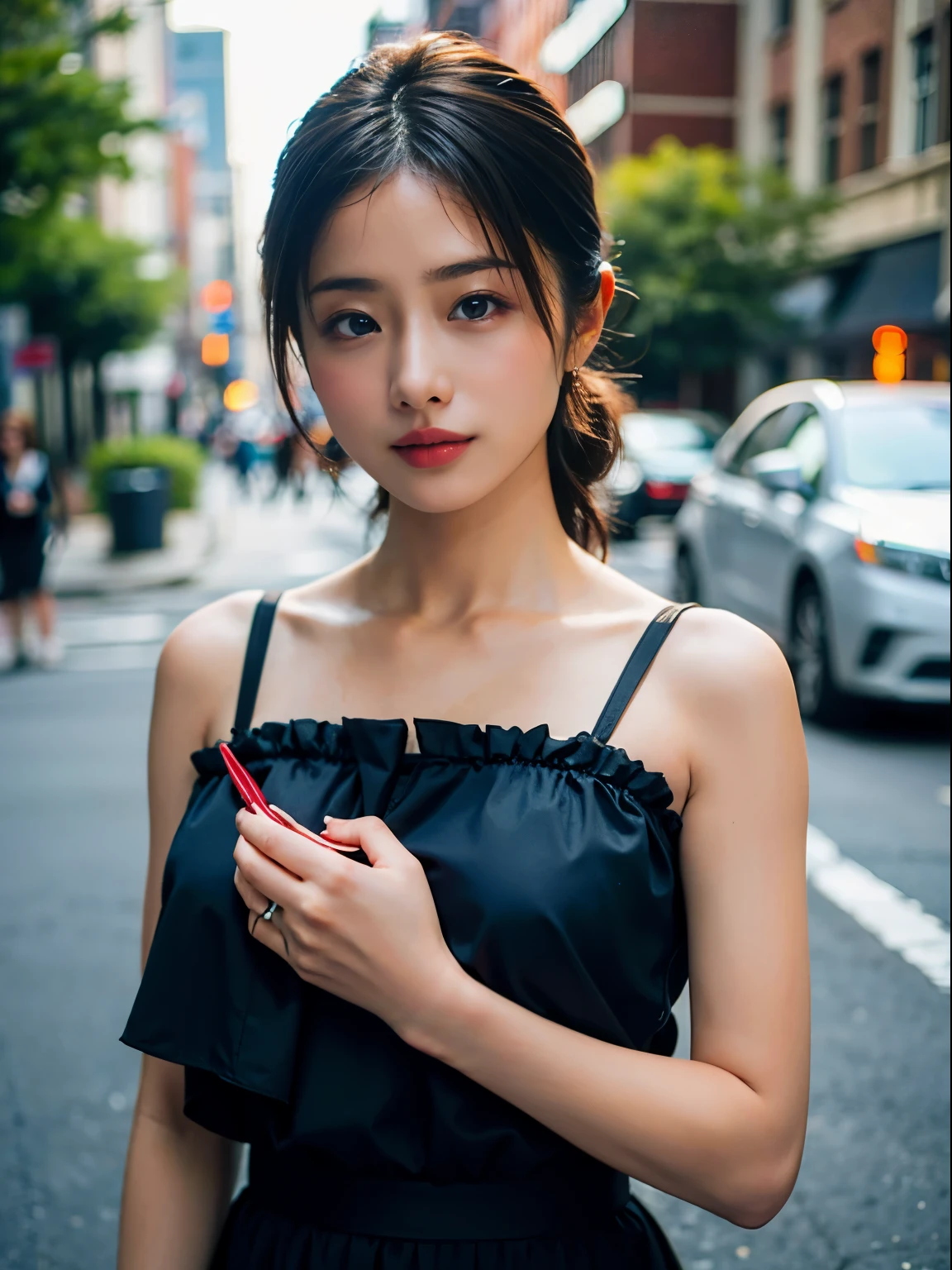 Woman posing seductive on street corner, top quality, high resolution, 8k, girl alone, outdoor, (street: 0.8), (people, crowd: 1), sleeveless dress, black dress: 1.5), gorgeous, (medium hair), (dynamic pose: 0.8), (upper body: 1.2), soft lighting, wind, glossy skin, gaze, normal chest,