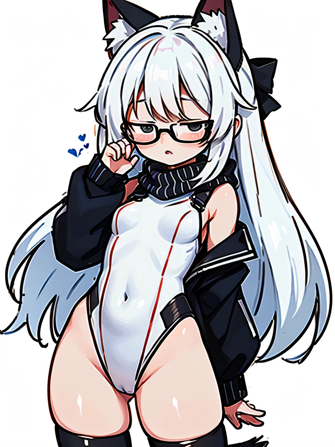 (masterpiece), insanely detailed, absurdres, ultra-highres, ultra-detailed, best quality, 1 girl, solo, nice hands, perfect hands, best quality, high quality, perfect-lighting, illustration, cute girl, detailed-face, detailed-body, black eyes, (black), small breasts, white pointy animal ears, white animal tail, cowboy shot, anime artstyle, full body model, kawaii, long hair, white hair, hair bow, white hair long, beautiful woman, 1 girl, solo, blushing, expressive eyes, perfect face, black scarf, Off-the-shoulder leotard black, (tight body), black stockings, Round Glasses Black, Love Heart Bubble, by Canon EOS, SIGMA Art Lens 35mm F1.4, ISO 200 Shutter Speed 2000, (cleavage:-1.5), 