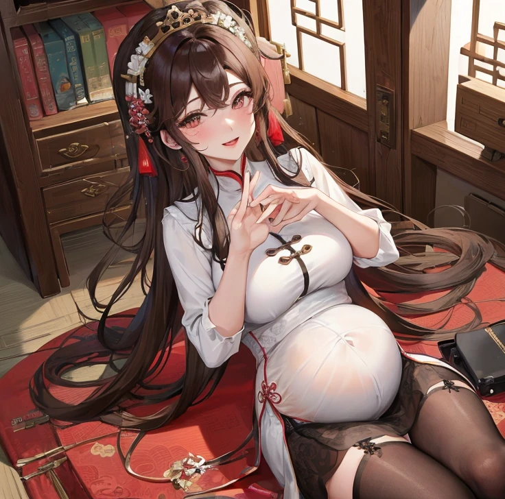 masterpiece, best quality, married woman, aldult, Chinese style, China, elder sister, Smile, hairpin,brown hair, Princess,Full of motherhood,China传统服饰,purely,blush,Dignified yet lively,Mother,Hands on the stomach,Mature,Pregnant,Beautifully,pregnancy,wife,black stockings