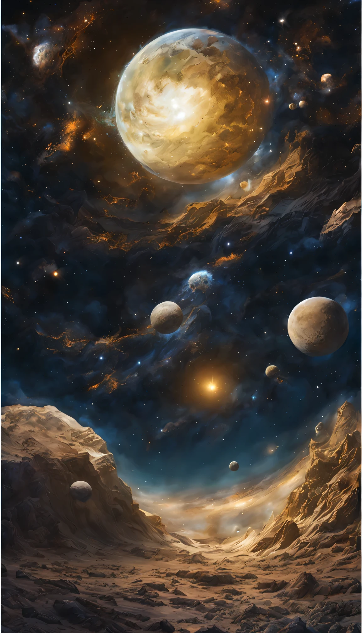 Picture of the Universe、Looking up from the moon、many stars floating in the sky、nebula gas、deep構図、 (fantasy:1.4), extreme details, realistic light, great composition, (intricate details), (Complex design, Super detailed :1.4), art station, (masterpiece, highest quality), Ultra HD, 32k --v 6、deep、golden ratio、highest quality、
