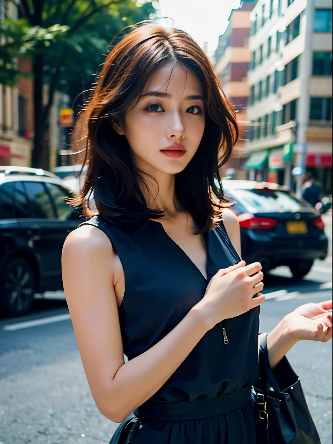 ((Best Quality, 8K, Masterpiece:1.3)), Focus: 1.2, Perfect Body Beauty: 1.4, Buttocks: 1.2, ((Layered Haircut, Breasts: 1.2)), (Wet Clothes: 1.1) , (Rain, Street:1.3), Bandeau Dress: 1.1, Highly Detailed Face and Skin Texture, Delicate Eyes, Double Eyelids, Whitened Skin, Long Hair