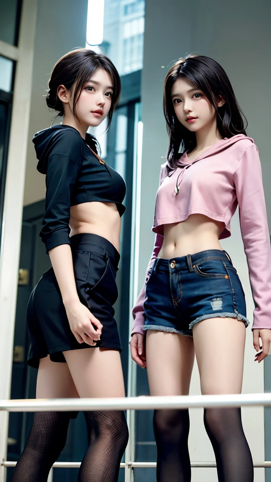 hot pants、、Supermodel、Perfect build、Muchimuchi、Three girls are looking at the viewer、 3 girls、、Thighhighs、beautiful feet、hot pants、hoodie、look down on、look of contempt、Seen by girls from below、Innocent face