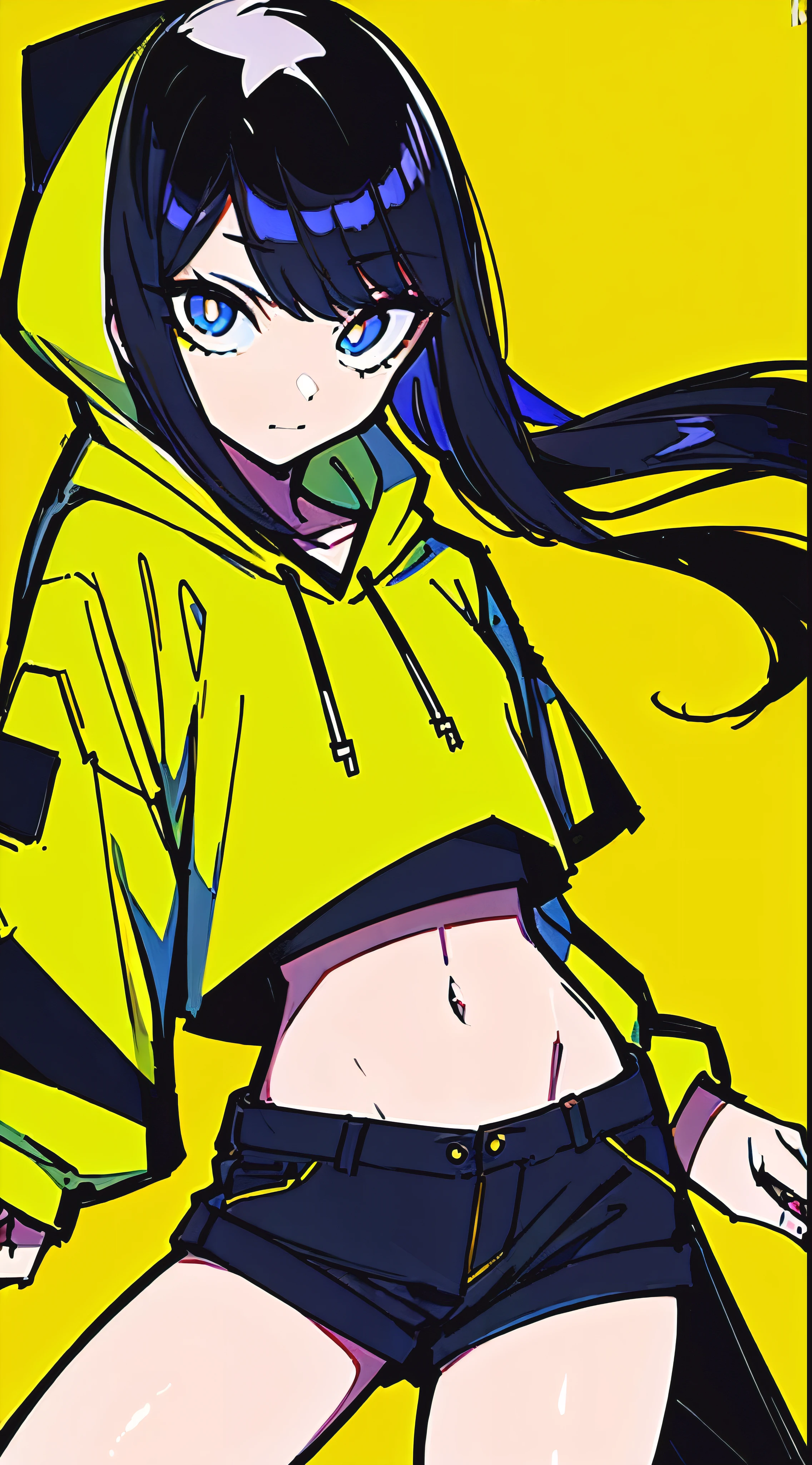 (masterpiece, highest quality:1.6), alone, thick outline, (simple background, Dark yellow background, monochrome, dark yellow theme:1.2), official art, Key Visual, 8K, confused, whole body, (Unique hair, oversized hoodie, hot pants, arch back, short torso:1.2), belly button, thighs, cowboy shot, HDR, sharp focus, High resolution, most detailed, very detailed, Super detailed, finely, detailed eyes and face, sharp pupils, realistic student