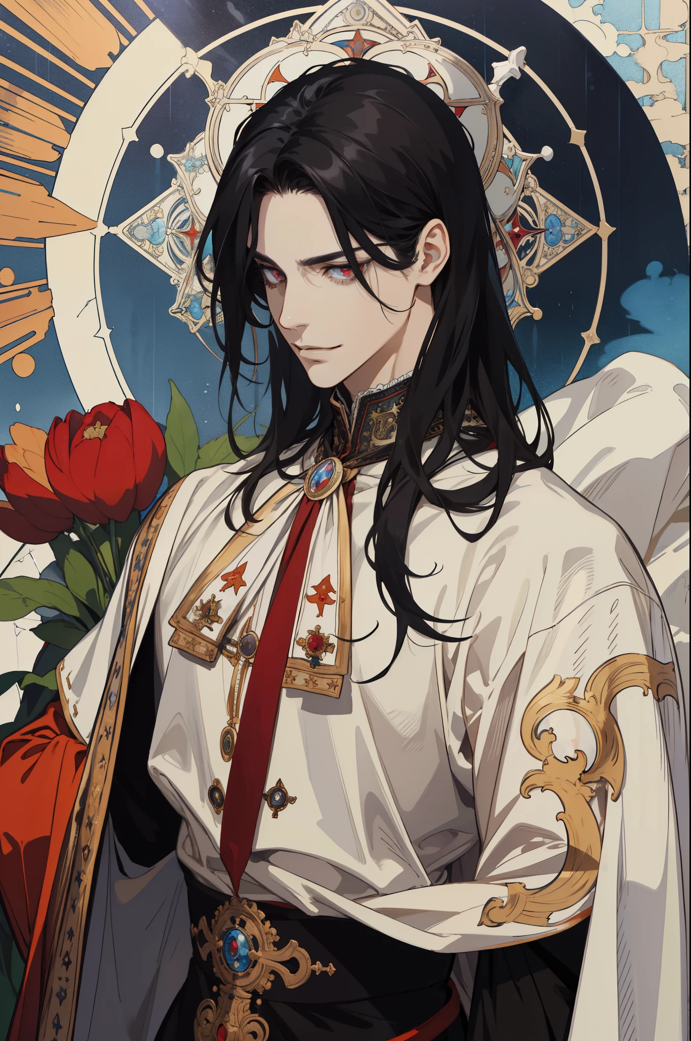 (absurdity, a high resolution, too detailed), 1 person, adult, Dearest, tall muscular guy, broad shoulders, detailed eyes and detailed face, beating magic, Winding flame, (masterpiece, side light, Beautiful beautiful eyes: 1.2), HDR, (glowing red eyes)), Beautiful длинноволосый мужчина, Black hair, musculature, rain, Beautiful, facing the camera, masterpiece Fool \tarot\, bard, clown, Symbolism, art, occultism, Universal, Vision Casting, Philosophical, Iconography, Divination by numbers, Popularity, art, by Alphonse Mucha,  incomprehensibility, Head rotation, keep your chin, Tousled black hair, Rich clothes сексуальность ,playful look, grin, inscrutability, Messy long black hair, Rich clothes
