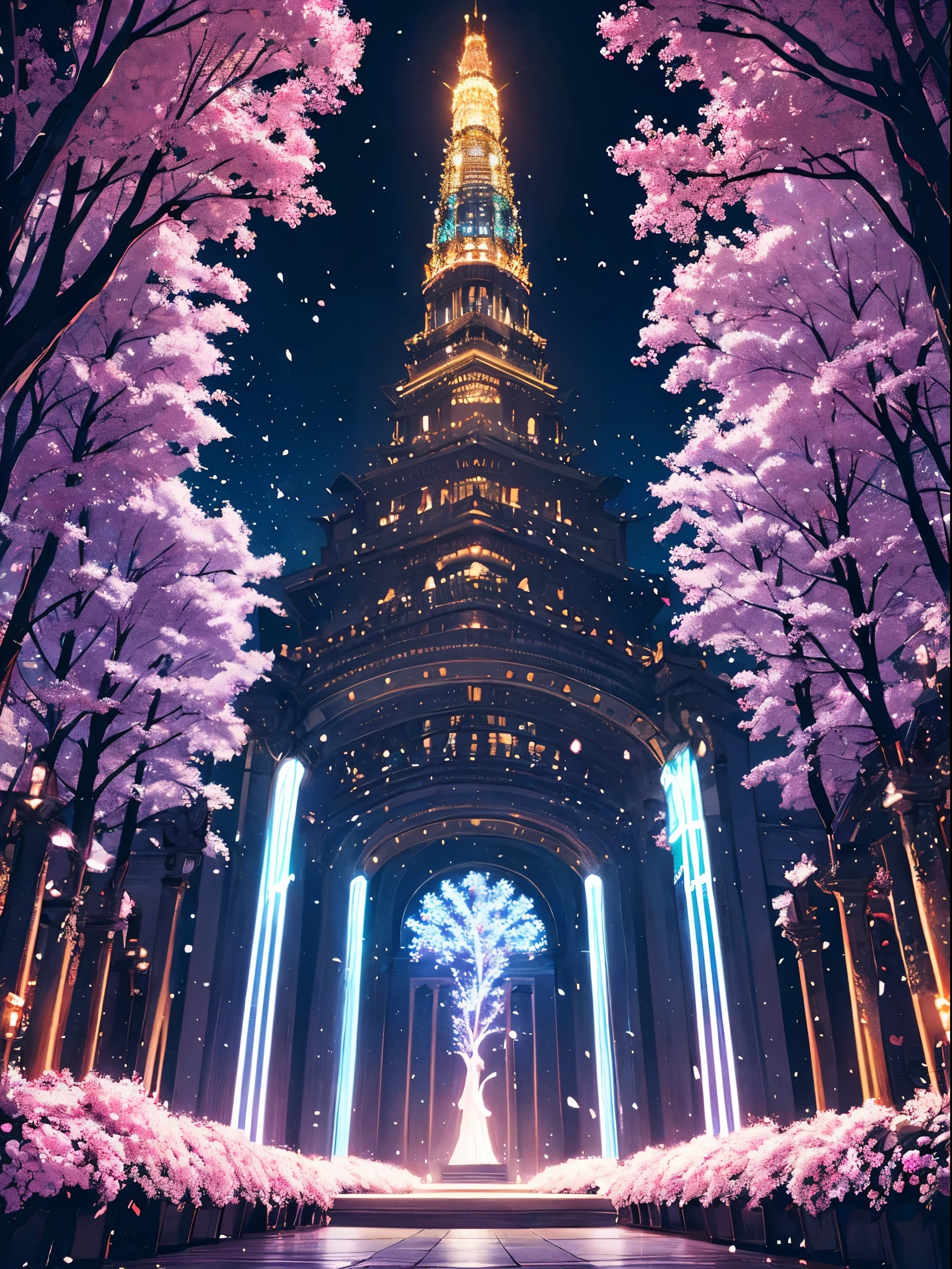 (best quality,8k,ultra-detailed:1.2), luminous tree, illuminated tree, tree made of light, magical light shaped like cherry blossoms, (best quality, high resolution), ultra-detailed:1.2, vibrant colors, landscape, 花びらが光で作られている,景色