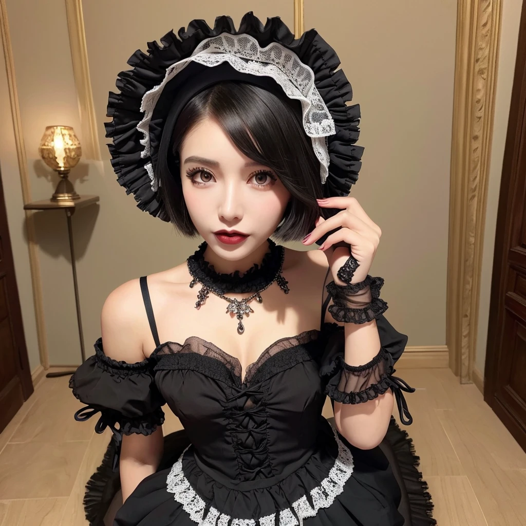 Super high quality, super high definition, super detailed, masterpiece, 25 years old, female, cute, nice body, gothic ta clothes, gothic loliashion, frilly skirt, headdress, necklace, bracelet, knee-high socks, boots, double eyelids, tear bags, Detailed down to the fingers, photo-like description, indoors, dim indoor lighting, black hair, short bob, standing, whole body, composition that shows the whole body, smiling