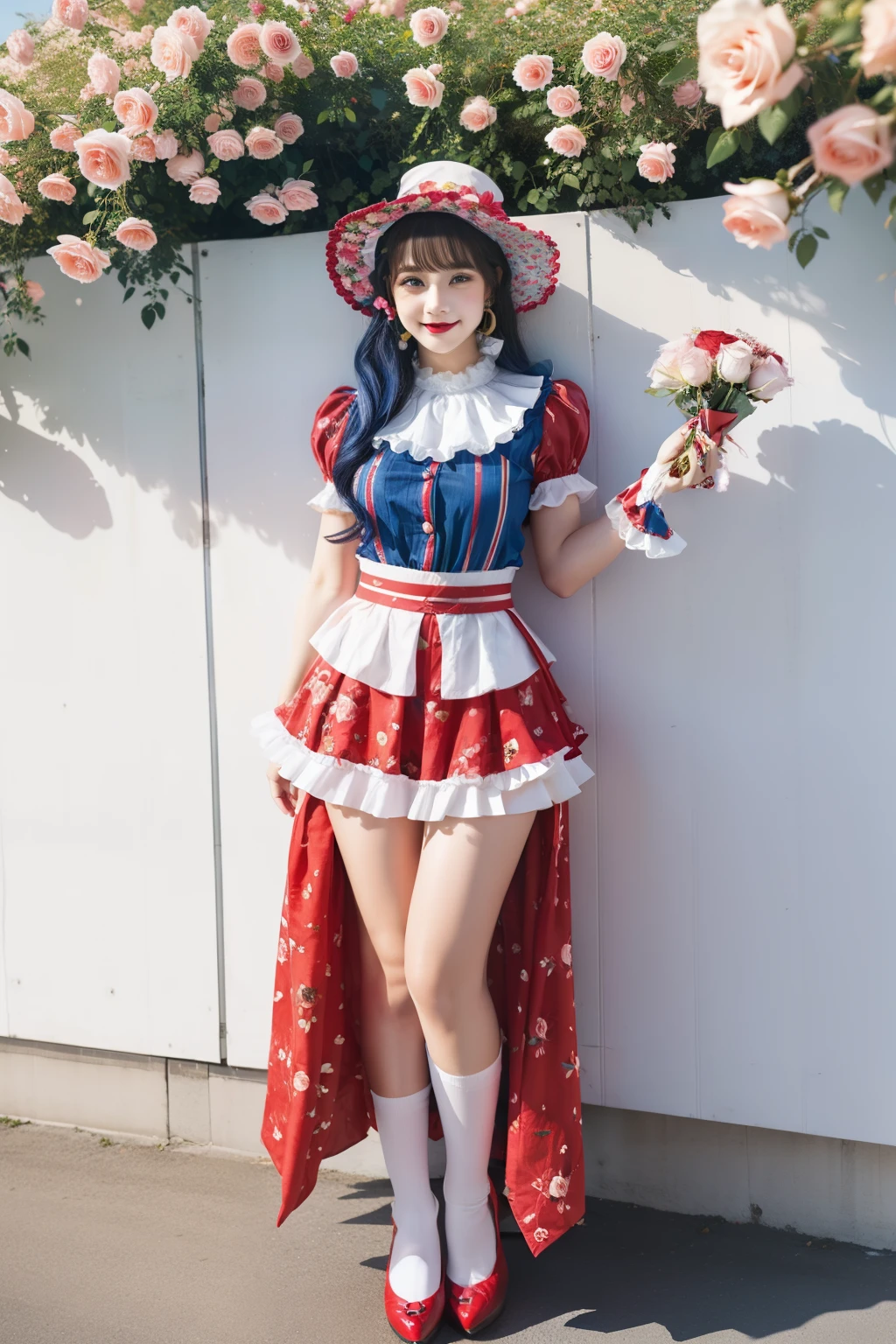 Female idol body covered in roses Esbian、、Clown fashion covered in roses、Clown hat、Full body Esbian、colorful hair