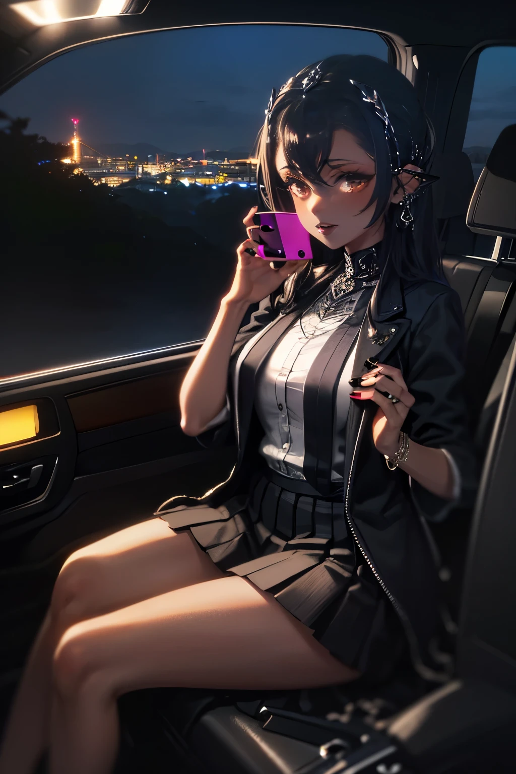 cruel ((dark-skinned Trinidadian goth 40 yo goddess)) sitting in a car with her pretty perfect feet up while talking on her cell phone, short pleated skirt, plump thighs, hairy pubes visible, quality photo, in the middle of the cannabis forest Tokyo city streets, city streets behind her, driving