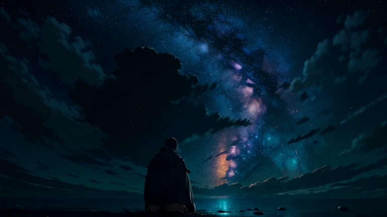 A scene that captures Ragnar's deep contemplation and thoughts under a starry sky., Symbolizes the search for wisdom and the vastness of the universe.