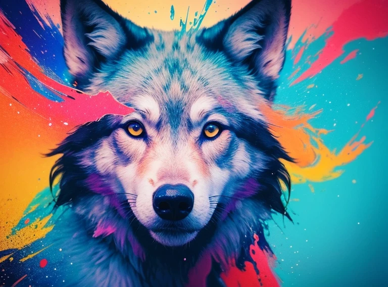 a whole head of a wolf, popping several colorful splashes, abstract, Art by Alberto Seveso, intricate (((solo)))), backgroundless, higher definition, 8k, photorealism, stlye portrait, masterpiece