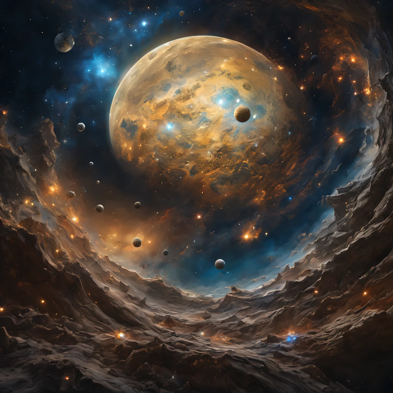 Picture of the Universe、Looking up from the moon、many stars floating in the sky、nebula gas、deep構図、 (fantasy:1.4), extreme details, realistic light, great composition, (intricate details), (Complex design, Super detailed :1.4), art station, (masterpiece, highest quality), Ultra HD, 32k --v 6、deep、golden ratio、highest quality、