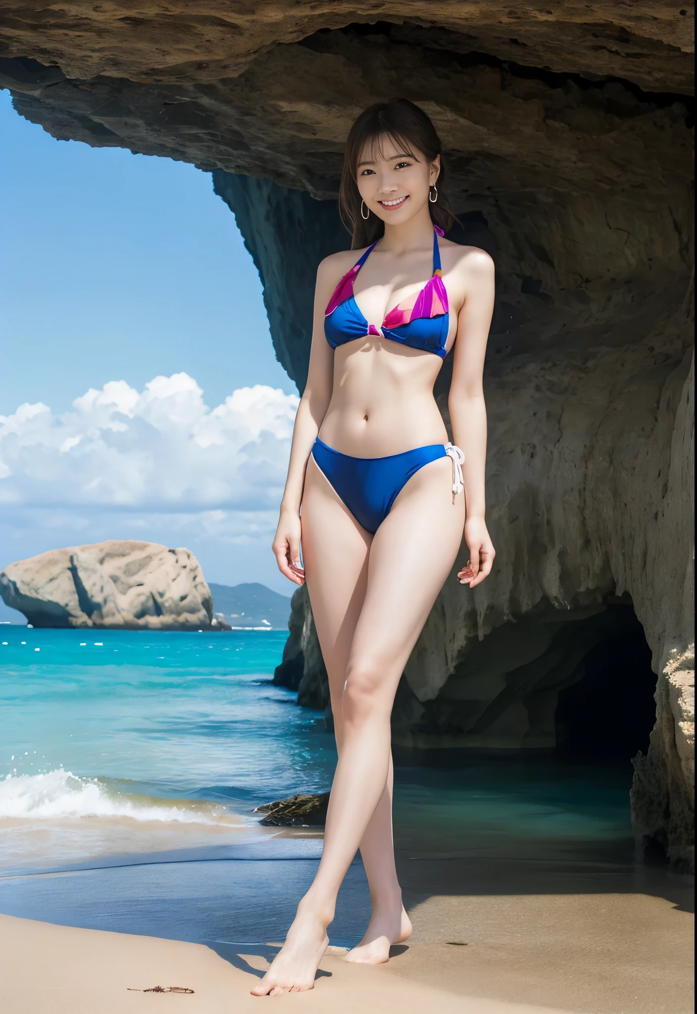 With a cute smile, the summer scenery looks great in a high-leg swimsuit. While the soft sunlight shines on your skin, the refreshing sea breeze blows wildly, and a beautiful scenery spreads out in the distance.