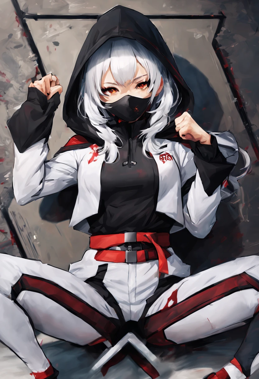 Fighting girl, epic, with particles, HD, 8k, white hair, with black cape, line marks on the face, serious face, closed mouth, casual pose, hands in Bruce Lee position, tactical pants, black hood, black lines under eyes, black polar diver, eyes with marked rings, detailed face, blood on the lips, full body,