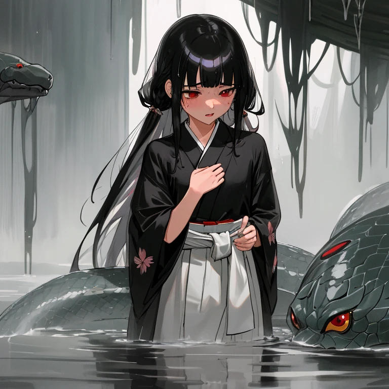 {{{{{gigoku syozyo}}}}}
{{{{amazing quality, great quality, high quality, very aesthetic, aesthetic, best quality}}}},
realistic, photo, shadow, Three-dimensional, absurdres, Digital art,
{{{{Magical girl}}}}, beautiful girl, one girl, 13 years old,
black hair, long hair, straight hair, trimmed hair, shiny hair, blunt bangs, short sideburns,
red eyes, {{big eyes}}, {{round eyes}}, eyes wide open, tareme,
{{flat chest}}, {{small breasts}}, {{detailed body}},
{{{Floral black kimono}, white tabi, black geta for women}}},
cluster amaryllis, black butterfly,
No panties, no bra, distress, resistance, defeat, inferiority, absurdres, aroused, sexual pleasure, troubled face, shy,
orgasm, Screaming, sensitive body, Sweat, trembling, torn clothes, wet clothes, melted clothes, transparent clothes, damaged clothes, girl gets wet, girl takes a bath, wet hair, A girl is immersed up to her waist in cloudy liquid, A girl is covered in cloudy liquid, A big snake squeezes a girl, snake bath,