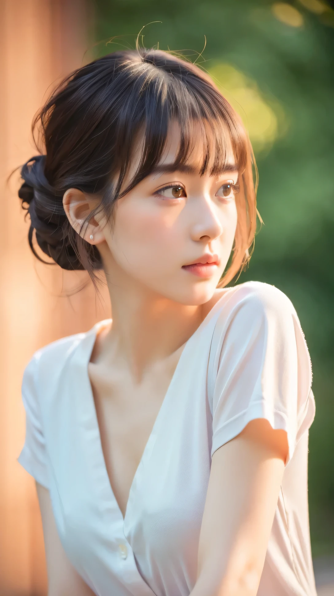(masterpiece, highest quality, RAW photo, realistic:1.2), 1 girl, look away, sad, beautiful girl, cute, delicate girl, hair up, written boundary depth, High resolution, Super detailed, detailed, 非常にdetailedな目と顔, realistic student, sharp focus, cinematic lighting, Upper body, bangs, silk shirt,