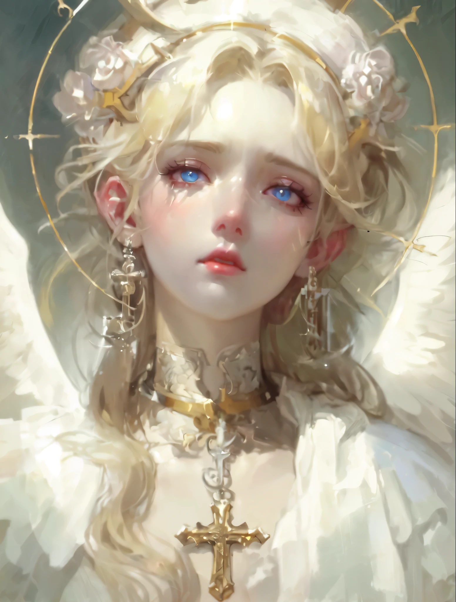 Close-up of a woman with a cross and angel wings, guweiz, Gurwitz Masterpiece, guweiz style artwork, guweiz on pixiv artstation, guweiz on artstation pixiv, Wallop |, Wallop art, Portrait of a beautiful angel, the style of Wallop, art of Wallop,beautiful blue water eyes