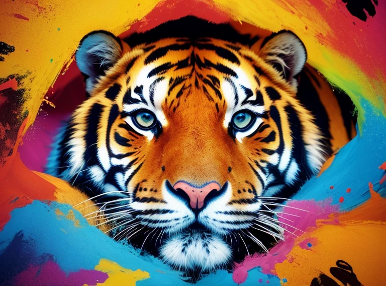 a whole head of a tiger, popping several colorful splashes, abstract, Art by Alberto Seveso, intricate (((solo)))), backgroundless, higher definition, 8k, photorealism, stlye portrait, masterpiece