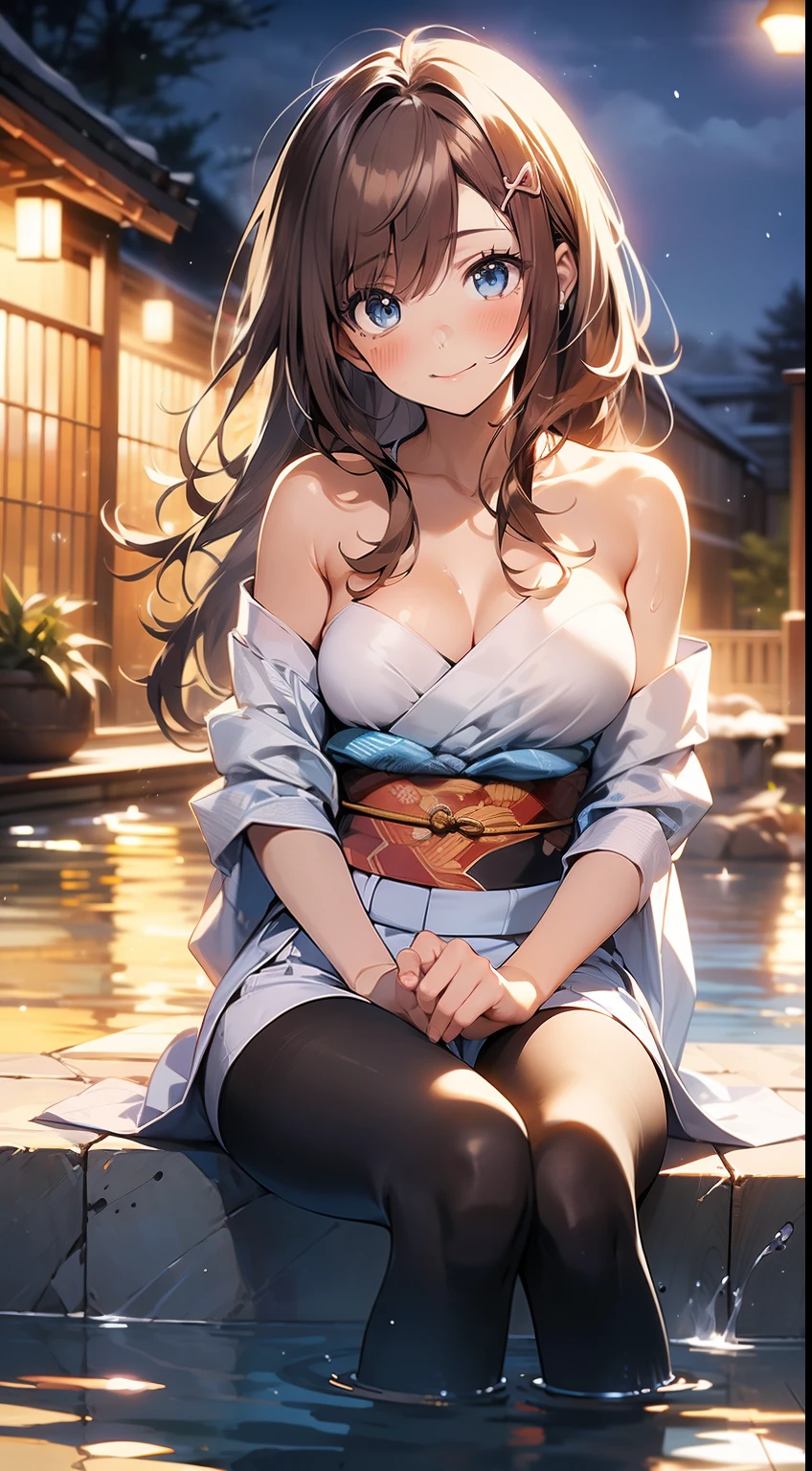 ((masterpiece, best quality, high resolution, ultra high definition, Pixel perfect, depth of field, 4K, RTX, human development report))), 1girl in, single, alone, Beauty、see whole body、 ((long hair, Short Liuhai, reddish brown hair)), ((blue eyes, beautiful eyelashes, realistic eyes)), ((Detailed face, blush:1.2)), ((smooth texture:0.75, lifelike质感:0.65, lifelike:1.1, Anime CG style)), medium breasts, Perfect body, (( Japanese kimono, bare shoulders ,Black tights)), Smile, Charming sitting posture, Soaking in hot spring (wind blows hair，bare shoulders、exposing her chest、Black tights) , It snows at night , hot spring naked bath 