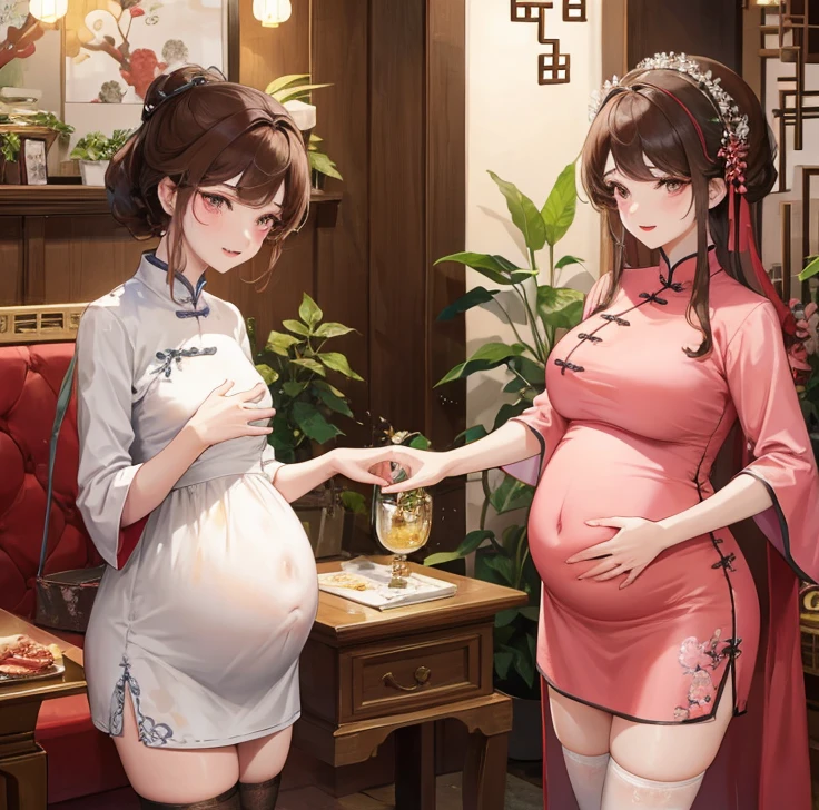 masterpiece, best quality, married woman, aldult, Chinese style, China, elder sister, Smile, hairpin,brown hair, Princess,Full of motherhood,China传统服饰,purely,blush,Dignified yet lively,Mother,Hands on the stomach,Mature,Pregnant,Beautifully,pregnancy,wife,Wearing stockings under clothes