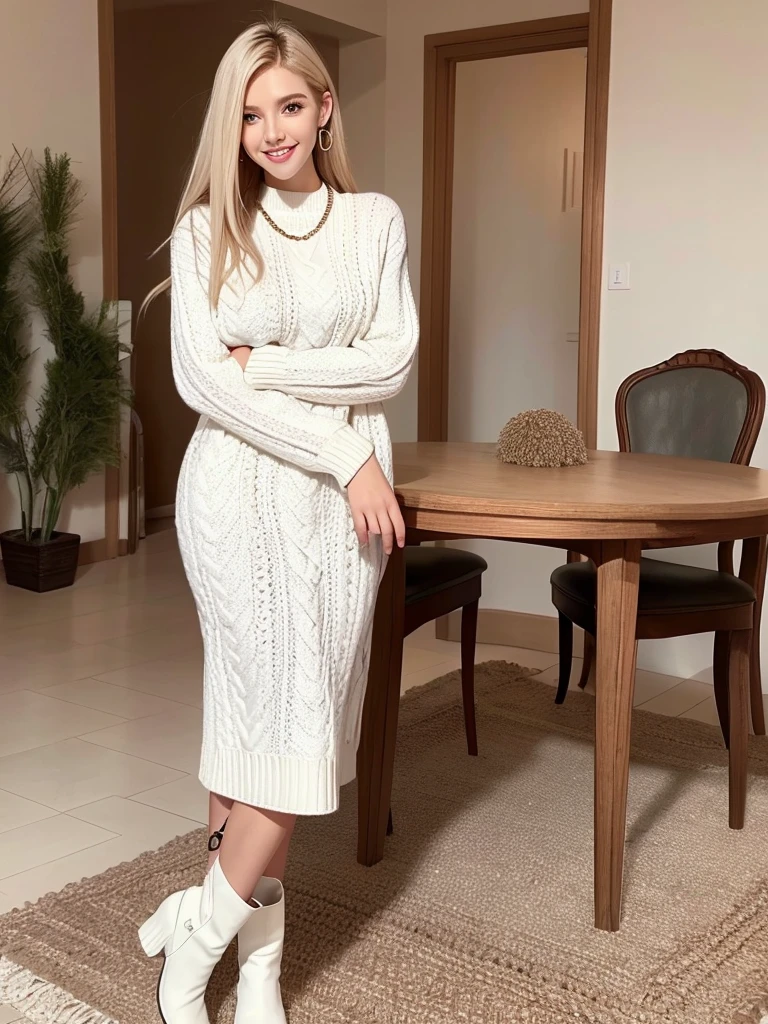 Super high quality, super high definition, super detailed, masterpiece, 25 years old, female, cute, nice body, white knit sweater, winter clothes, long skirt, necklace, bracelet, knee-high socks, boots, double eyelids, tear bags, fingers. Detailed, photo-like description, indoors, dim indoor lighting, blonde hair, short bob, standing, whole body, composition that shows the whole body, smiling