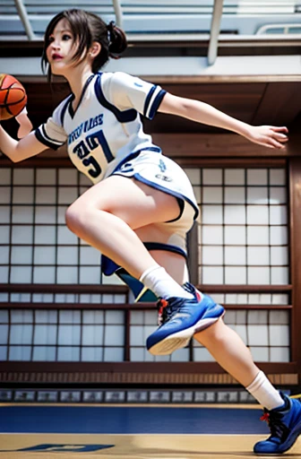 dribbling a basketball,,smile,sportswear for basketball, adorable, japanese girl, Hair brown hair,Braid, hair scrunchie, (high color saturation:1.0), highest quality, ultra high resolution, photo-realistic, Super detailed, 8K, RAW photo NSFW