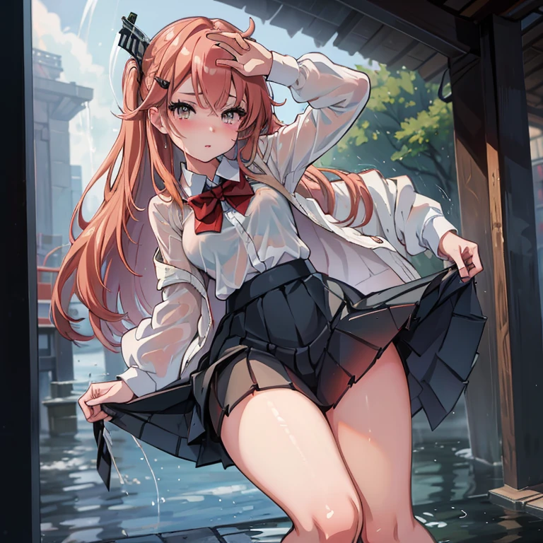 best quality, highres, absurdres, ultra-detailed, suzuya_(kancolle), 1girl, long_hair, skirt, solo, shirt, rain, wet_clothes, hair_ornament, wet, breasts, underwear, pleated_skirt, see-through, bowtie, red_bow
