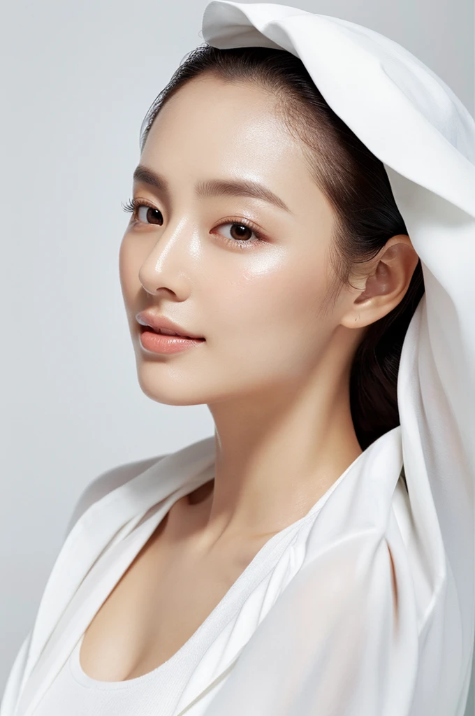 Beautiful skin woman like model in skincare advertisement white clothes simple background Makeup is light clean age 30s Photorealistic skin I don't know what AI is Close to human Glossy skin fine texture Beautiful forehead moisturized skin with round face looks to the side