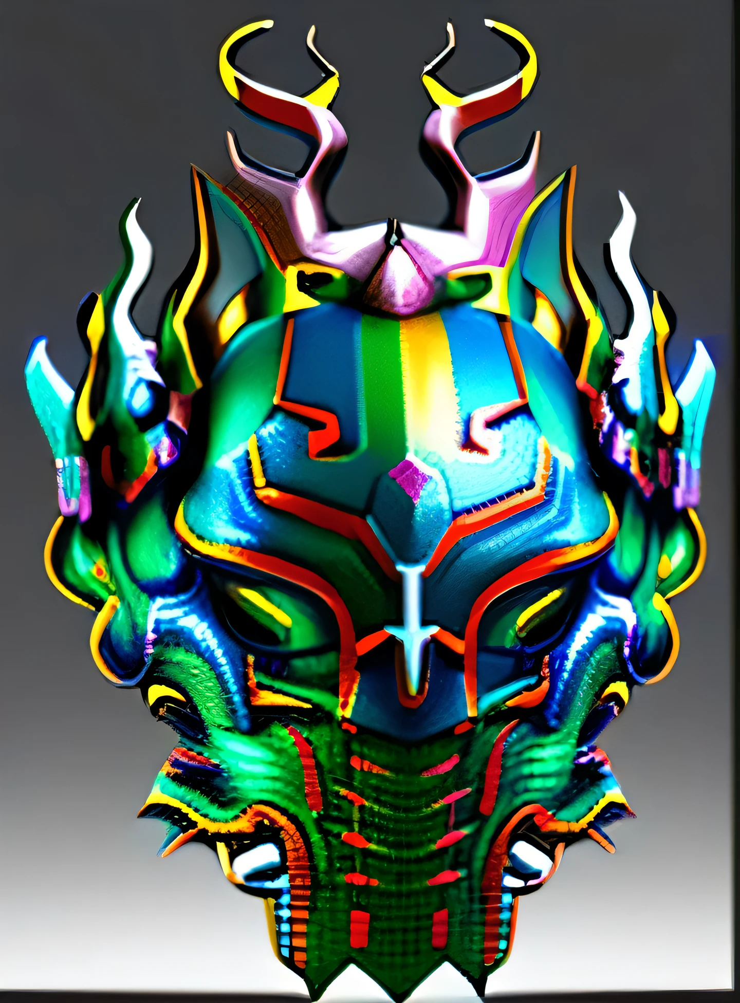 Close up of green and blue designed mask, Mantis Temple, Helm of the Forgotten God, Mantis Head Temple, Detailed mask, painted in brush, colored brush render, sleek mecha female dragon head, Trending on Polycount, detailed glowing head, made in brush, Inspired by Hu Zaobin, @ brush