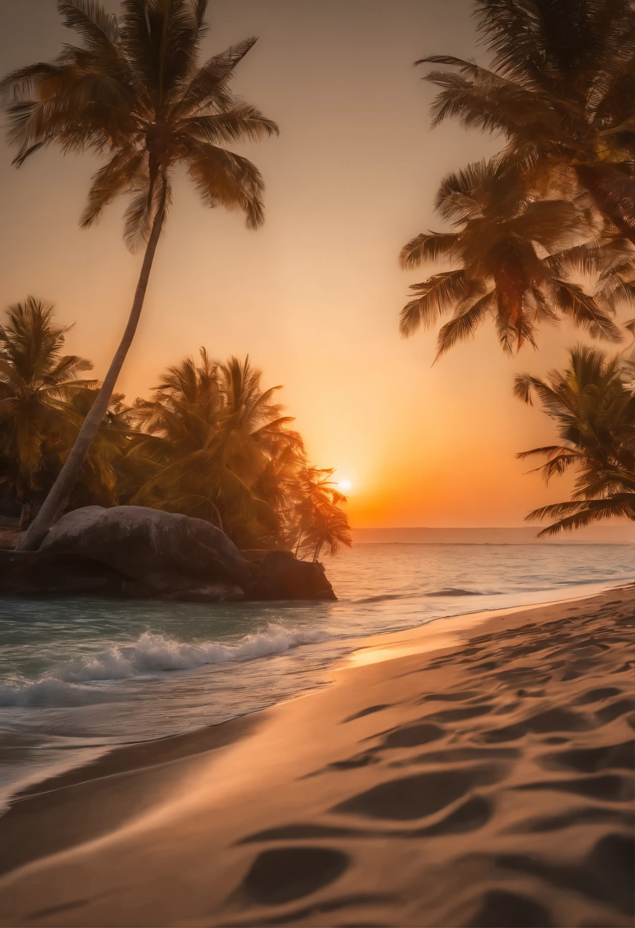 masterpiece,(best quality),highly detailed,ultra-detailed, beach, palm trees, sunset, resort, golden sand, crystal clear water, tropical paradise, swaying palm trees, beautiful view of the sun setting over the ocean, bright orange and red colors, peaceful atmosphere, luxury resort, vacation paradise, tropical climate, blue sky, warm breeze, panoramic view, high definition resolution, art work.