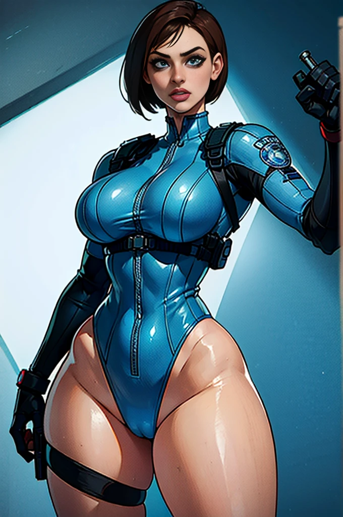 (Highest image quality, outstanding details, ultra-high resolution), (jill valentine: 1.4), favor details, highly condensed 1 beautiful slutty girl, with a delicate and beautiful face, ((cowboy shot)), (chubby:0.4), (wearing blue racing suit likes police uniform, black and grey mecha, wearing military harness, holding a machinegun), background raccoon city,