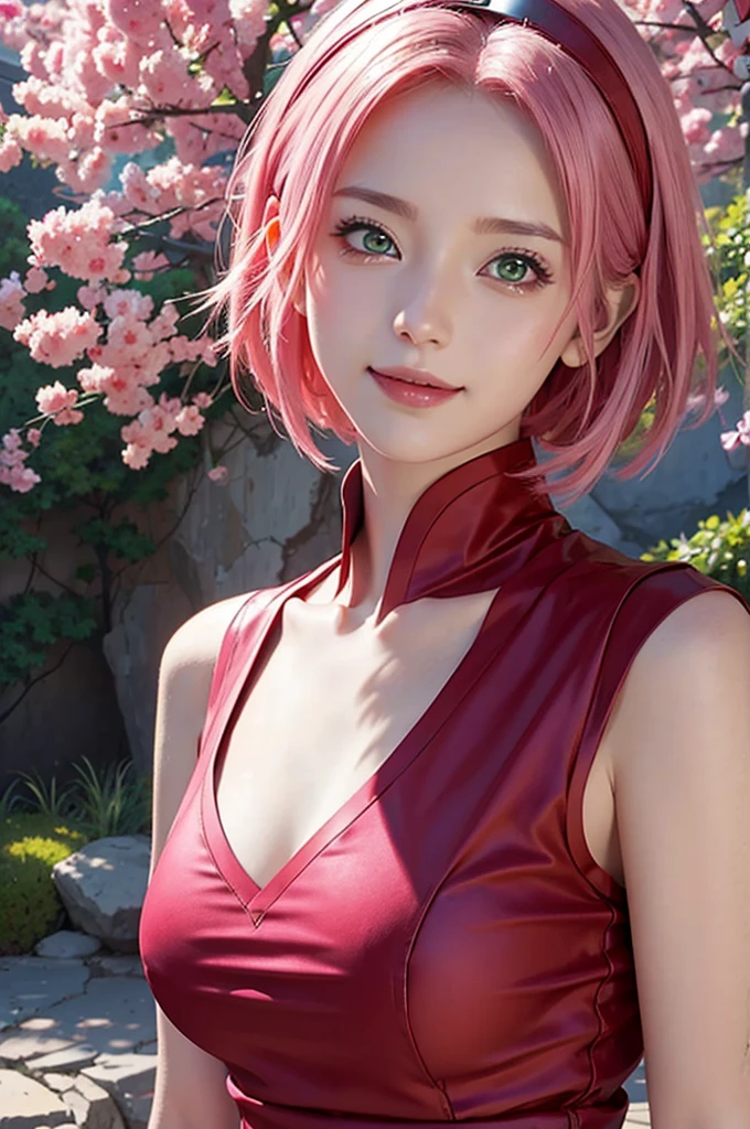 1girl, haruno sakura in anime naruto, short hair, pink hair, green eyes, smile, beautiful, red clothes, very big breast, realistic clothes, detail clothes, outdoor background, ultra detail, realistic