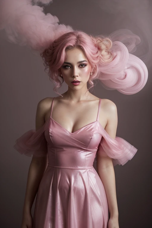 a woman shrouded in smoke, whirlwind, pink highlight color, Pink makeup, soft hint, misty, Tempting, sultry, thrilling, oil painting style, artistic, Aesthetic modern art, Shiny bright pink background,Pink dress showing breasts