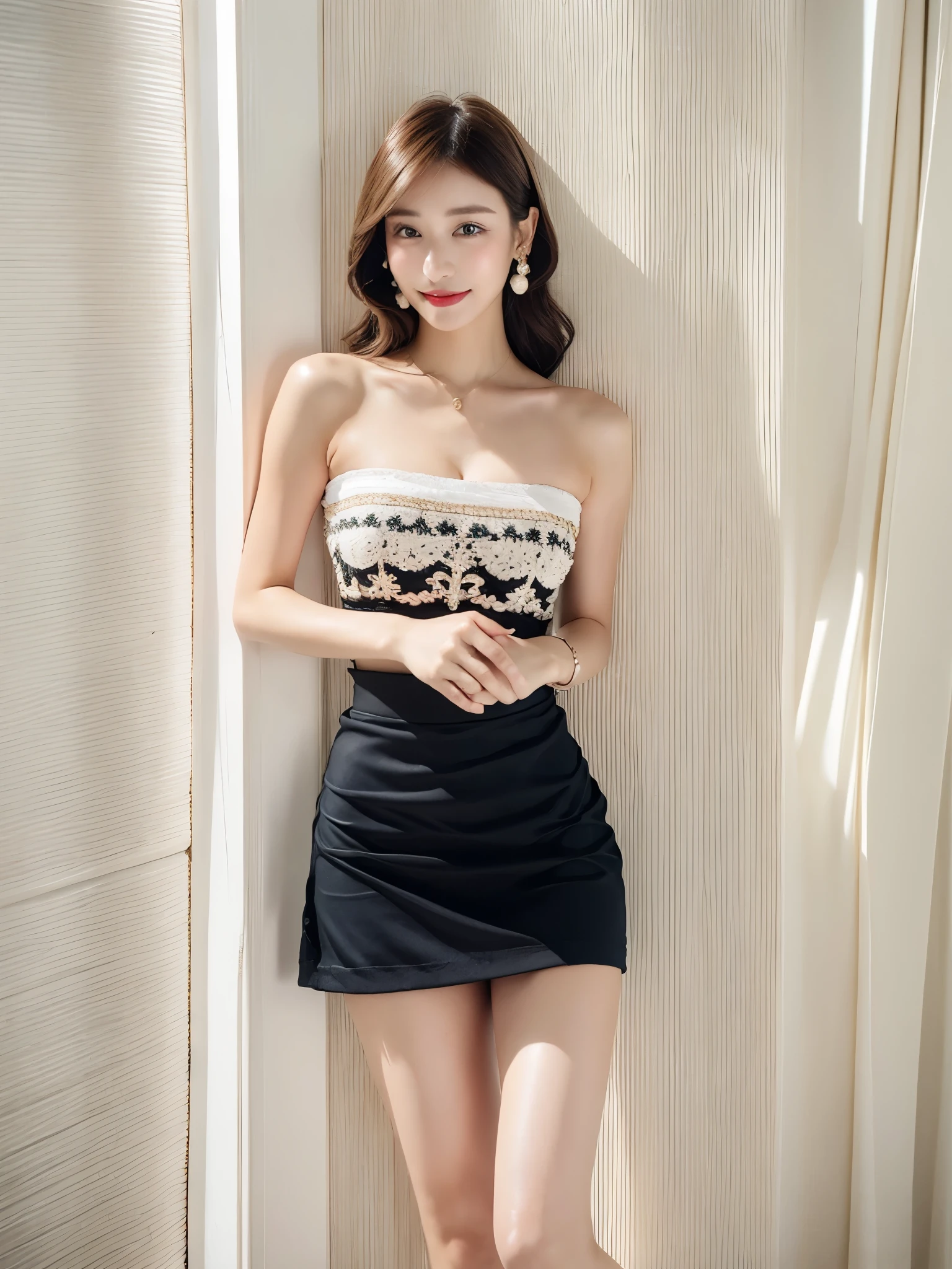 (8k,Ultra-high resolution,Highest quality,masterpiece,Realistic,Ultra-high resolution,High-quality RAW color photos,Professional photos,Realistic,Realistic),Natural skin texture,Fine skin,Hyperrealism,Intricate details,Adult women,Eye highlights.Lip gloss,Glossy Lips,(Cute smile,Semi-long hair,Dark blonde hair,bangs),(((gigantic breast,Big Breasts),on side)),necklace,((White peplum blouse),black floral peplum skirt,High heels),Walking through a convenience store,(walking,full body model pose)