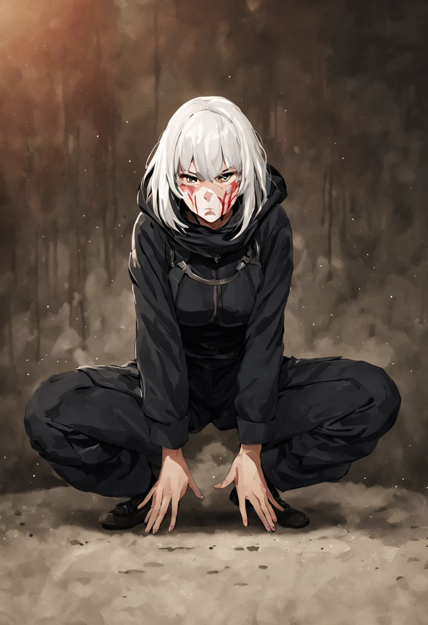 Fighting girl, epic, with particles, HD, 8k, white hair, with black cape, line marks on the face, serious face, closed mouth, casual pose, hands in Bruce Lee position, tactical pants, black hood, black lines under eyes, black polar diver, eyes with marked rings, detailed face, blood on the lips, full body,