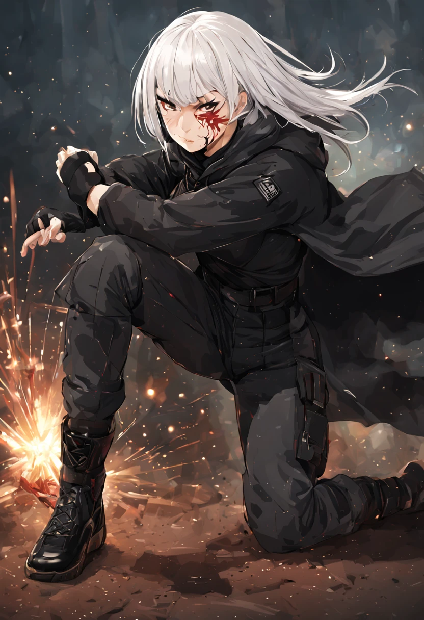 Fighting girl, epic, with particles, HD, 8k, white hair, with black cape, line marks on the face, serious face, closed mouth, casual pose, hands in Bruce Lee position, tactical pants, black hood, black lines under eyes, black polar diver, eyes with marked rings, detailed face, blood on the lips, full body,