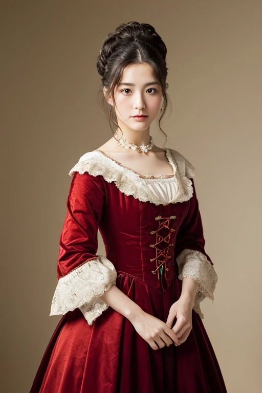 front view portrait of 25yo extremely beautiful Japanese lady, noble top hair, 19th century italian dress dress standing in a classic halll