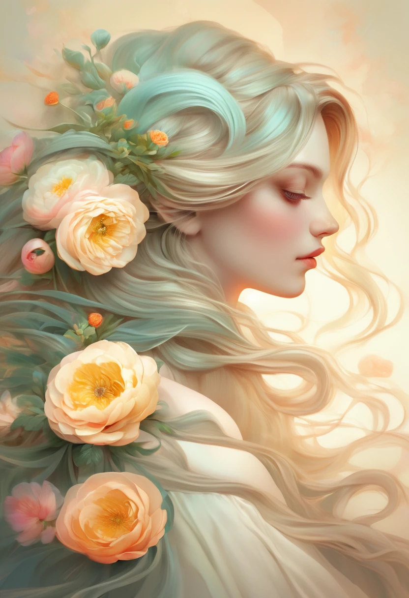 Painting of a beautiful woman in profile with long hair and ranunculus flowers in her hair, beautiful digital illustrations, Beautiful artwork illustration, amazing digital illustrations, beautiful digital artwork, Inspired by Anna Dittman, amazing digital art, exquisite digital illustration, In the style of Anna Dittmann, beautiful digital art, beautiful amazing digital art, very beautiful digital art, beautiful fantasy art portrait