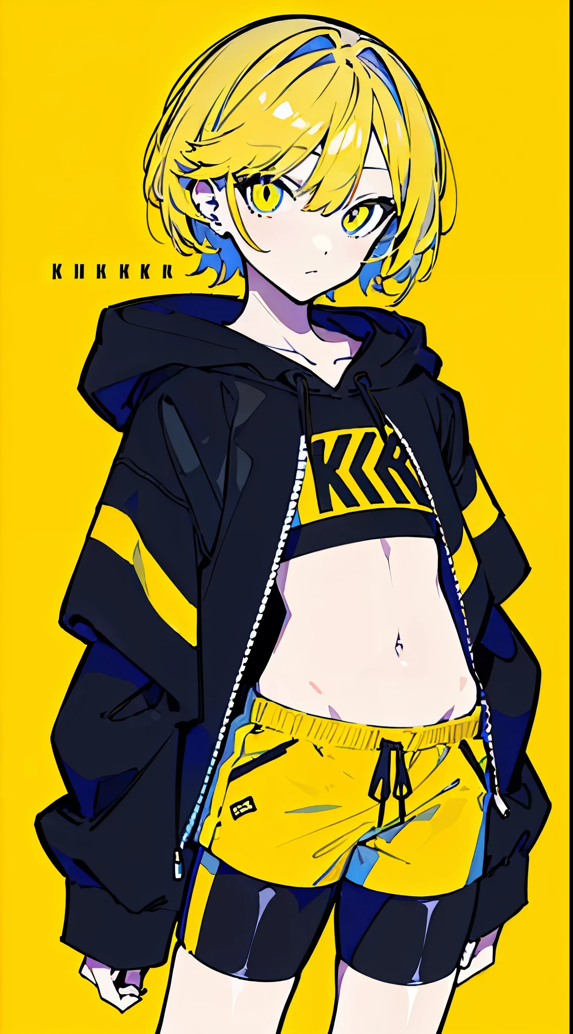 (masterpiece, highest quality:1.6), alone, thick outline, (simple background, Dark yellow background, monochrome, dark yellow theme:1.2), official art, Key Visual, 8K, disorganized, whole body, (Unique hair, Oversized Hoodies, hot pants, arch back, short torso:1.2), belly button, thighs, cowboy shot, HDR, sharp focus, High resolution, most detailed, very detailed, Super detailed, finely, detailed eyes and face, sharp pupils, realistic student